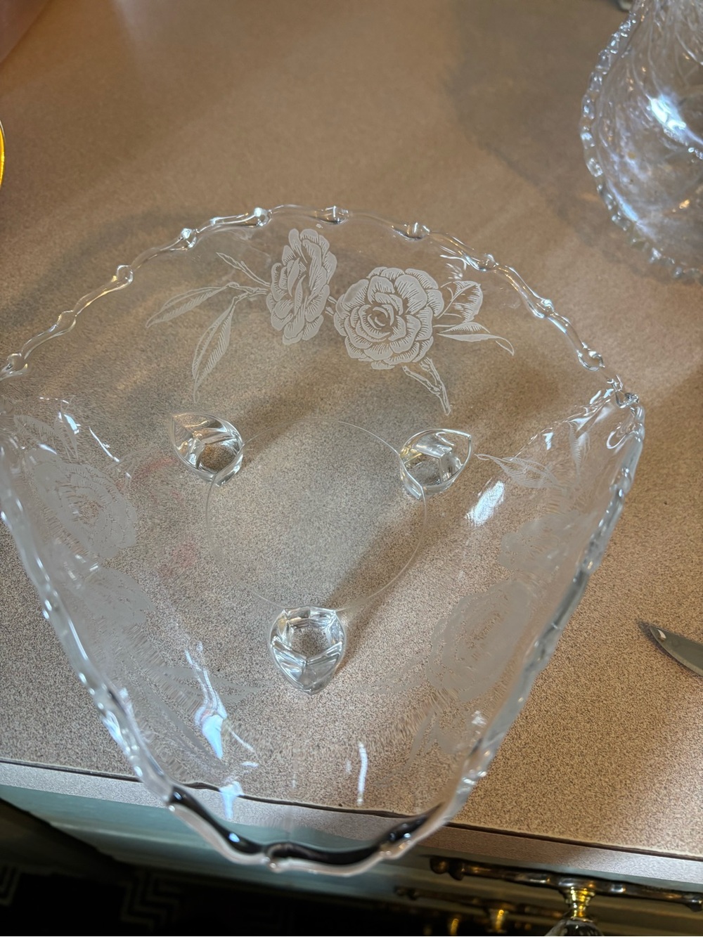 Etched Glass Serving Dish with Floral Motif